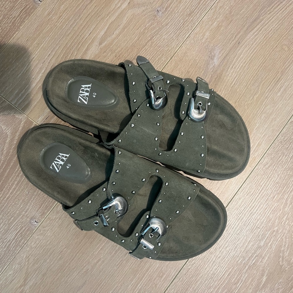 Zara Dark Green Sandals with Silver Buckles
